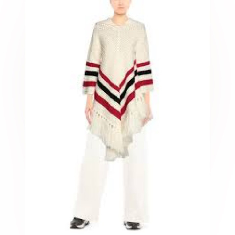 RED Valentino Virgin Wool Chevron Striped Poncho - Cream, Red, Black Sz Small